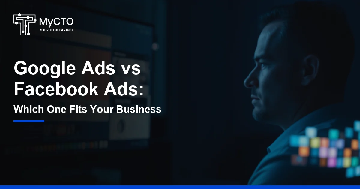 Two phones side by side, one showing search ads and one showing a social media feed ad