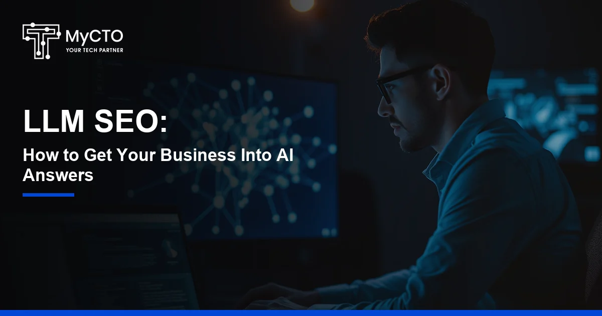 A laptop showing an AI chat assistant answering a business question with cited sources