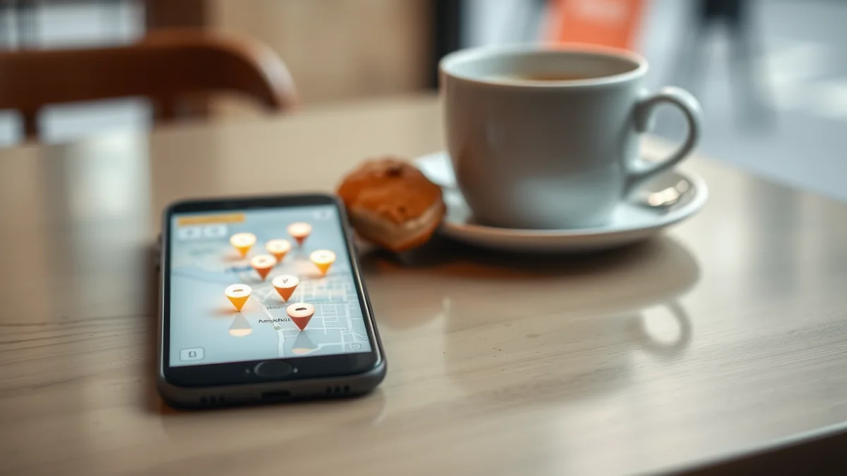 A person searching for a nearby cafe on a phone map while standing on a busy high street