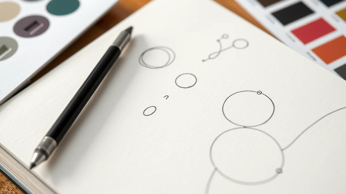 Designer refining a vector logo on a large monitor with printed concept sheets pinned beside it