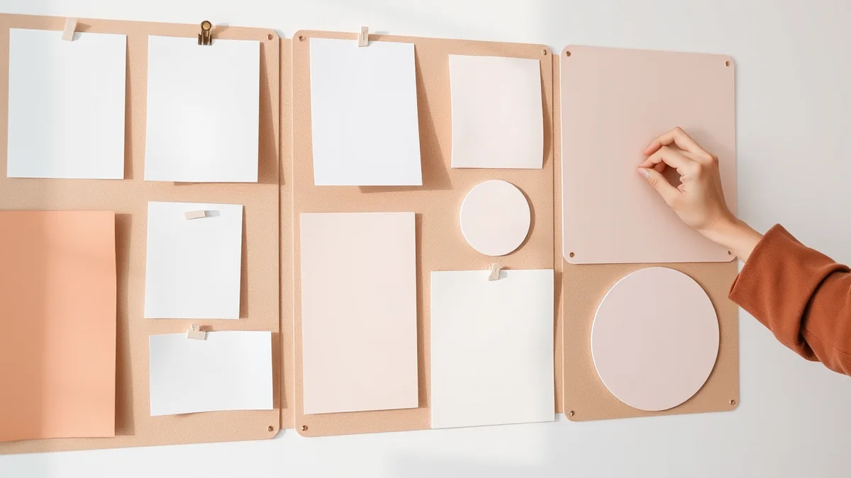 Design team reviewing printed brand guidelines and new logo concepts around a meeting table