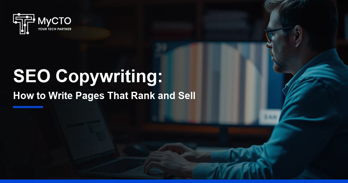 A copywriter editing a web page draft on a laptop with search keyword notes beside it