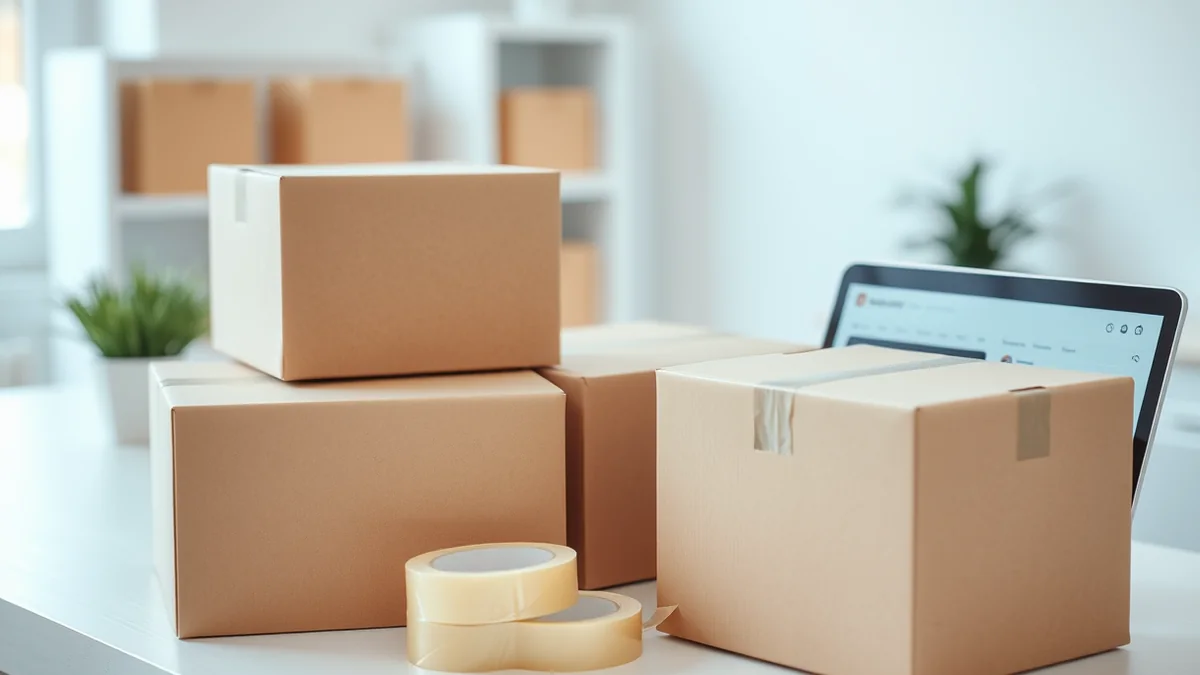 A small business owner packing orders next to a laptop showing an online store's order list