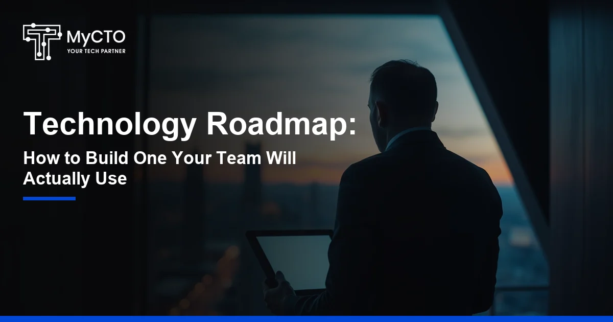 A leadership team planning a quarterly technology roadmap on a large wall board with sticky notes