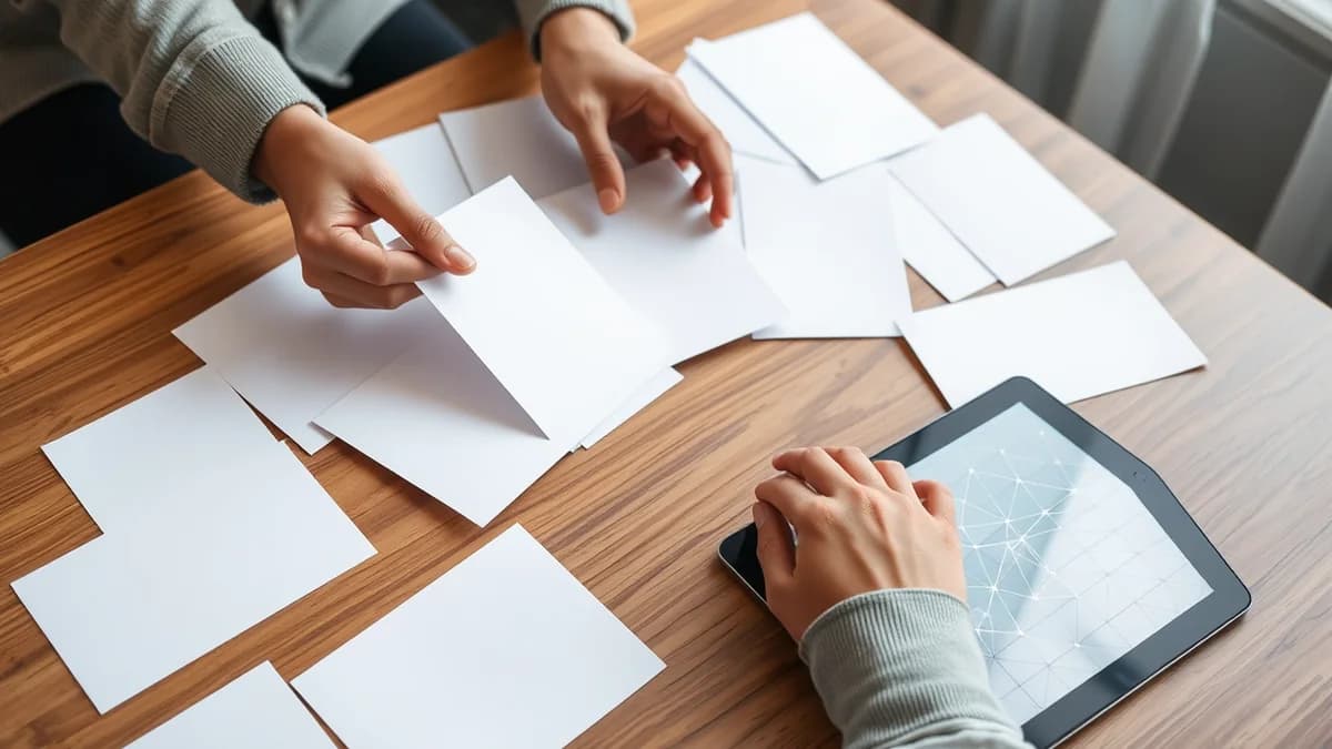 Product team reviewing paper wireframes and a clickable prototype on a tablet