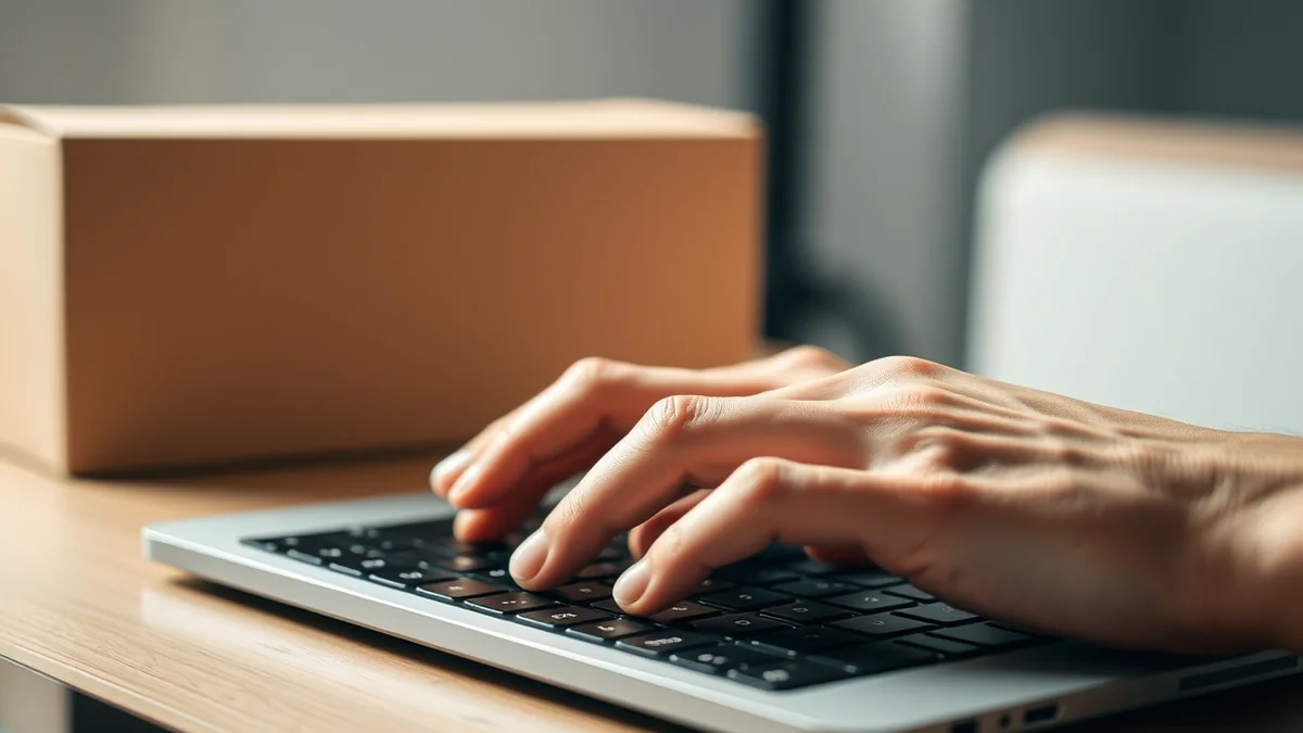 Online seller packing products at a desk with a laptop showing a product listing editor