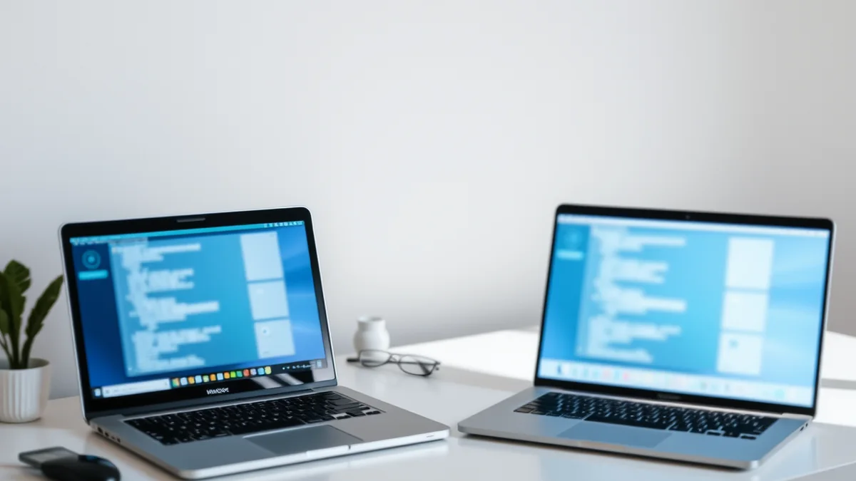 A developer working on a desktop application with code on one screen and the running app on another