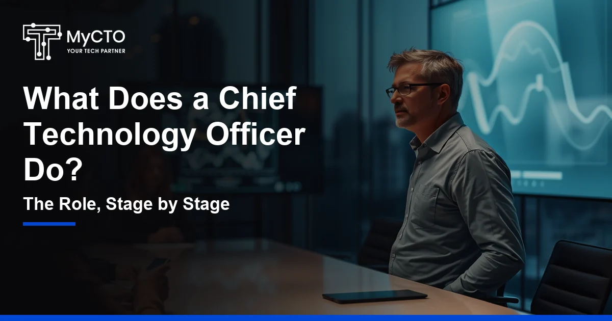 A chief technology officer presenting a system architecture diagram to a small leadership team