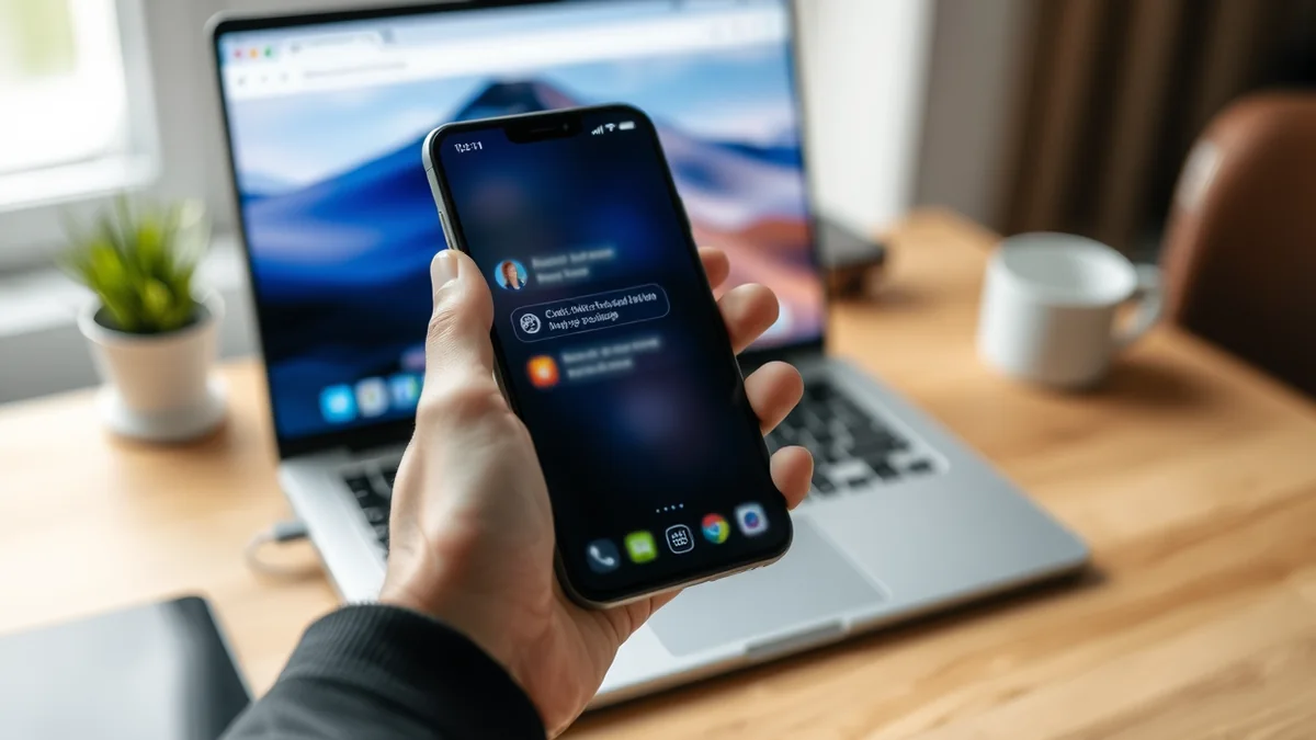 A marketer reviewing search analytics on a monitor while an AI assistant answer is open on a second screen