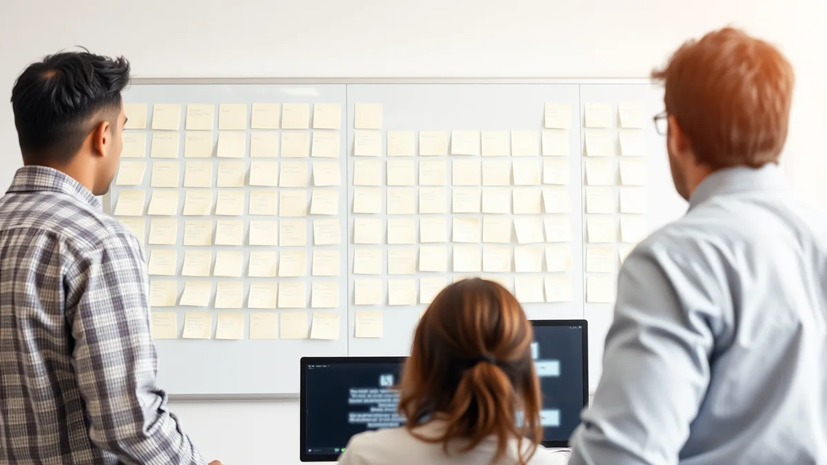 A small engineering team reviewing a project plan and task board in a meeting room