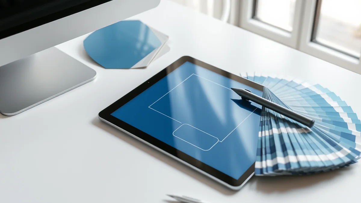 Tablet showing a simple wireframe beside a fan of blue and grey colour swatch cards