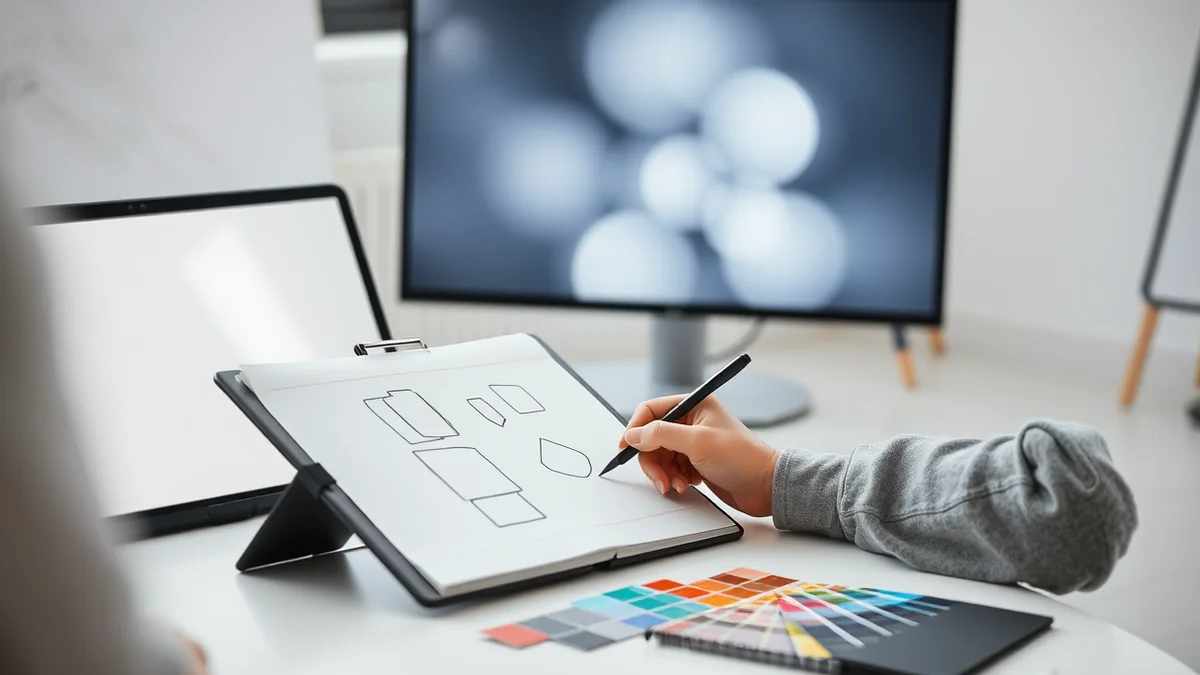Designer sketching logo concepts in a notebook next to printed color palettes and type samples