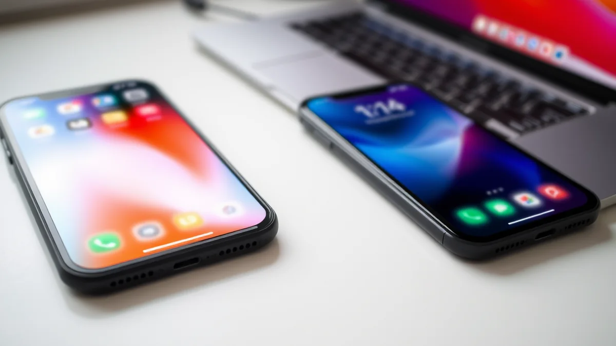 A developer testing a mobile app on an iPhone and an Android phone connected to a laptop