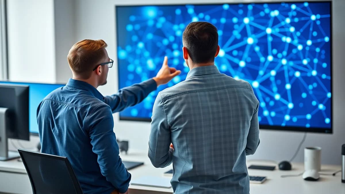 Two engineers planning a system migration in front of a screen showing a network of connected nodes