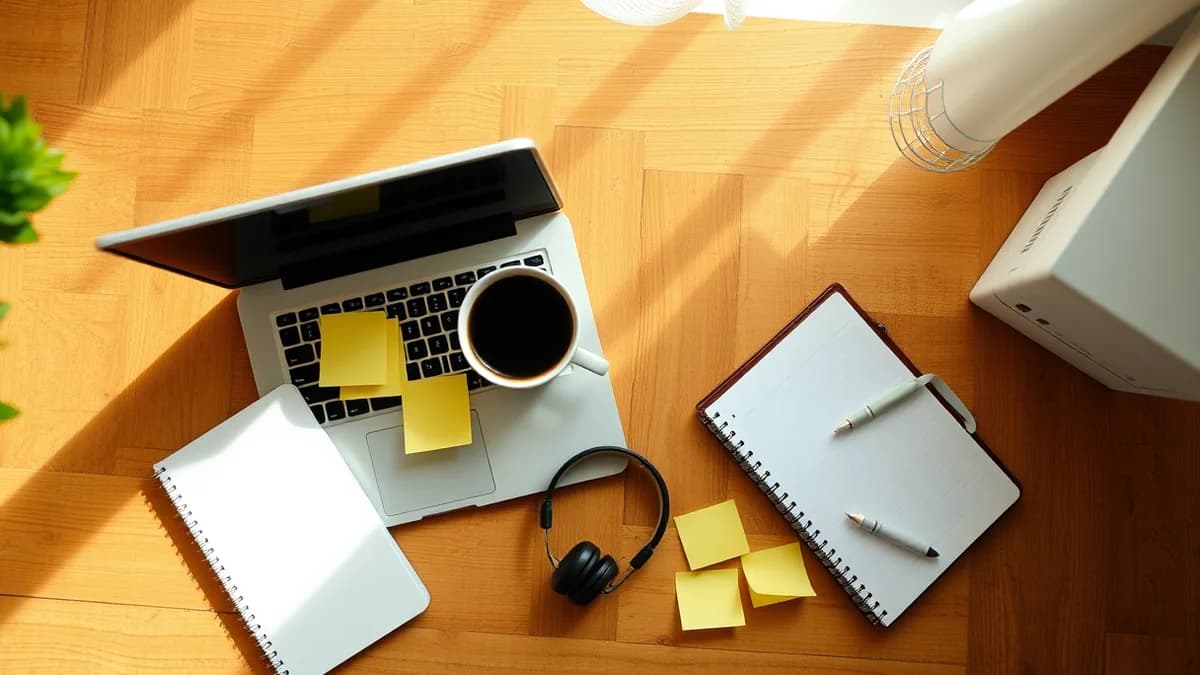 Tidy desk with an open laptop, blank sticky notes, a notebook and headphones in morning light