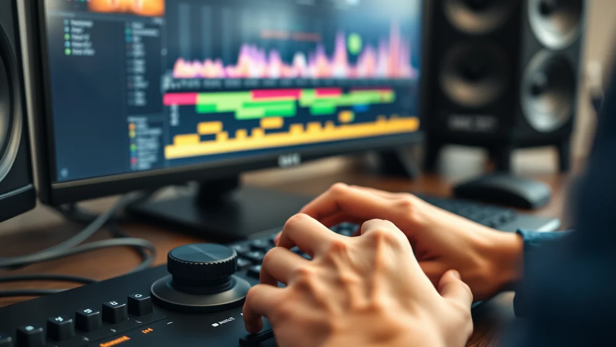 Close-up of hands on a keyboard and jog wheel with a video timeline and color scopes on screen