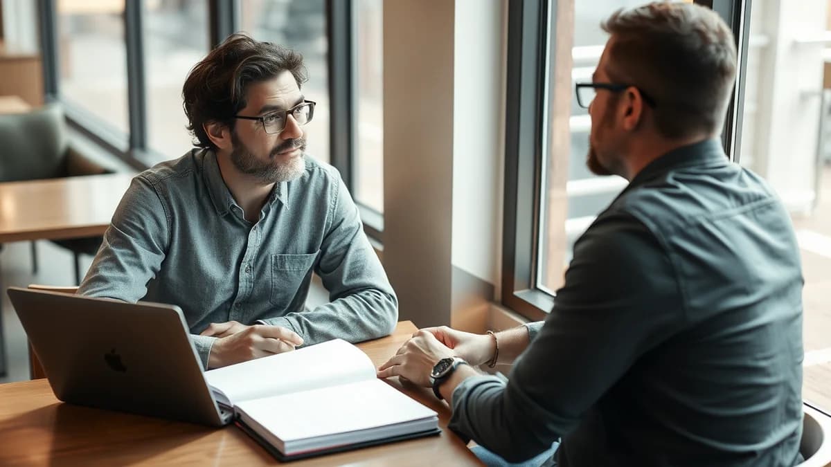 A senior engineer reviewing a product roadmap on a laptop with a startup founder in a small office